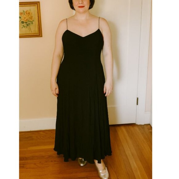 VTG CAROL ANDERSON Black Maxi Dress sz 7/8 Rhinestone Spaghetti Straps Formal - Picture 1 of 9